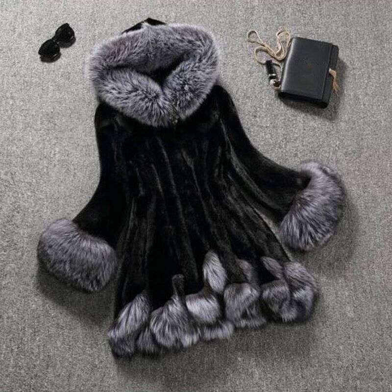 Women's Medium Length Hooded Fox Fur Mink Coat