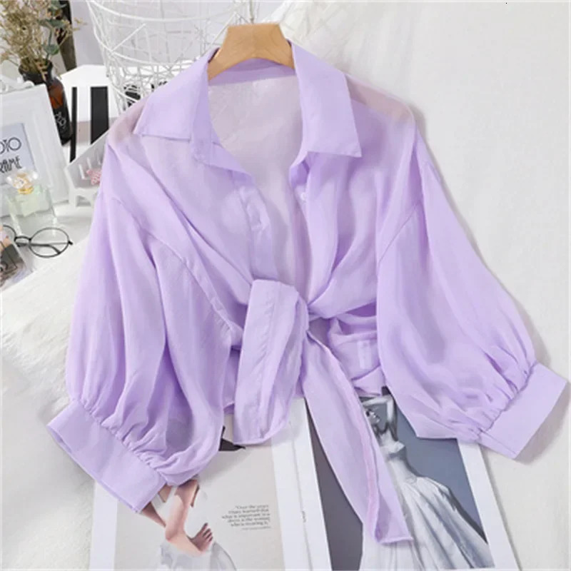 Chiffon Shirts Women 2025 Summer Half Sleeve Buttoned Up Shirt Loose Casual Blouse Tie Waist Elegant Blouses for Women 250811