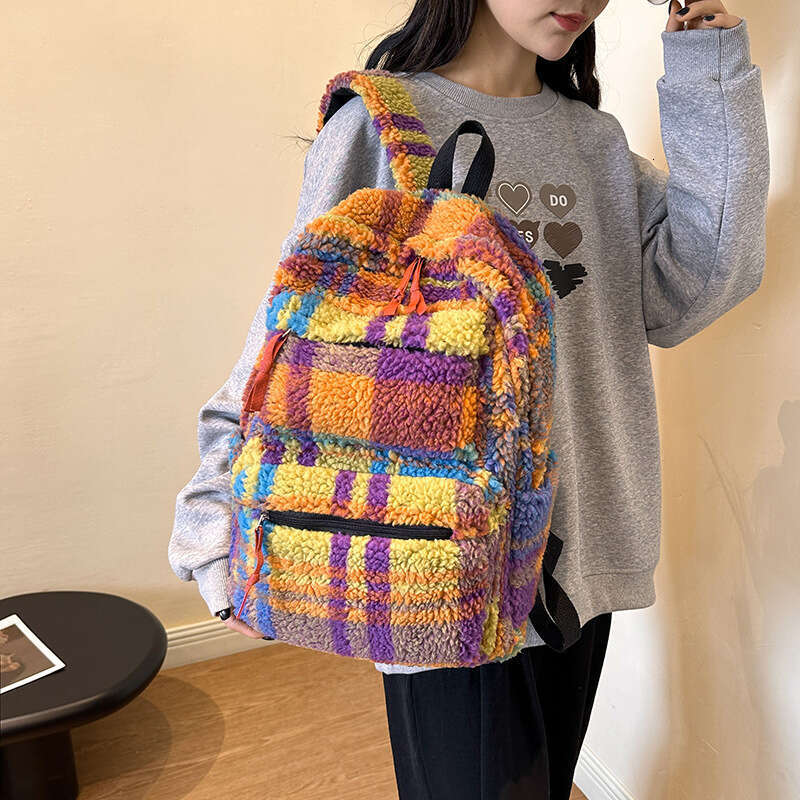 Designer Bags Autumn Winter Rainbow Plush Backpack Women, Style Plaid Furry Double Shoulder Bag For Girls
