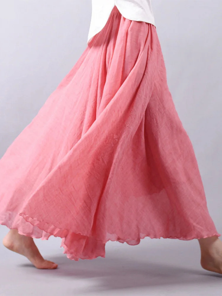 Womens Elegant High Waist Linen Maxi Skirt Summer Ladies Casual Elastic Waist 2 Layers Skirts saia feminina 250811