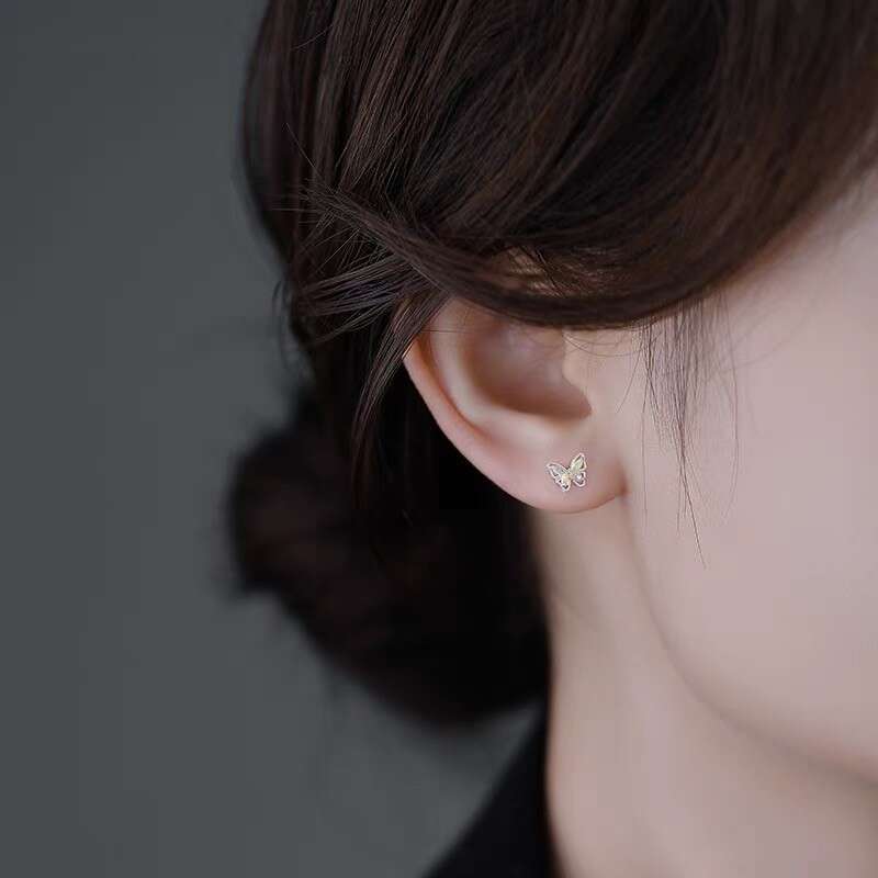 Pure Sier Sweet Pink Blue Hollow Butterfly for Women Exquisite Small Colorful Zircon Earrings Niche Ear Jewelry Trend