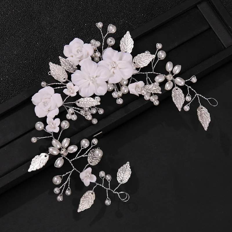 Bride Ceramic Flowers Wedding Headband with Crystal Pearls Bridal Hairband Womens Hairpin Stylish Headpiece Hair Jewelry Access 250804