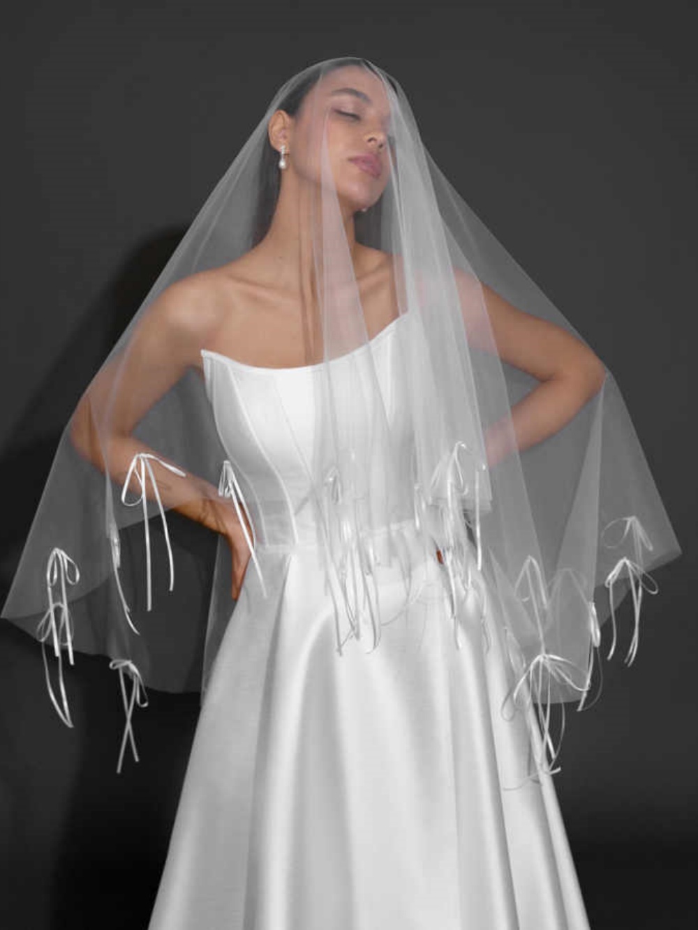 Sweety Bow Wedding Veil One Layer Blusher Bride Veils Applique Edge For Strapless Bridal Dress Accessories Customized