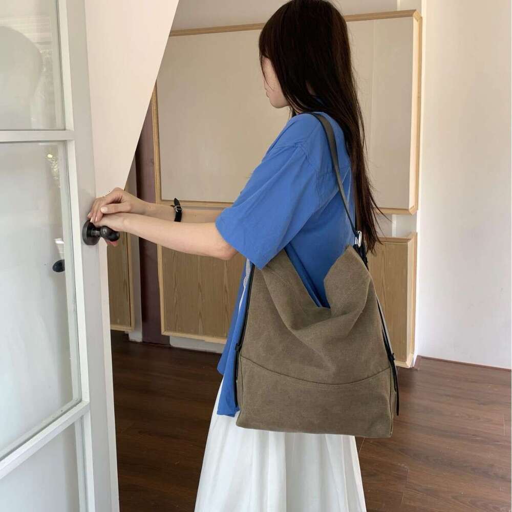 New Korean Style Large Capacity Canvas Tote Casual Commuting Versatile Single Shoulder Niche Genuine Leather Women's Bag designer bag B5