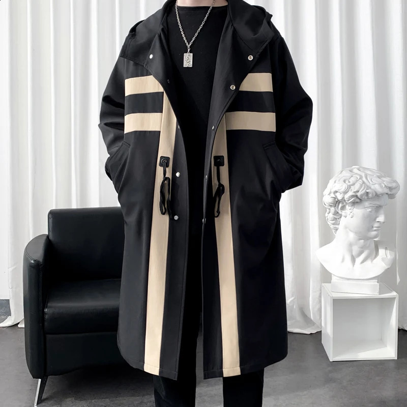 Trench coat Mens Windbreaker Patchwork Color Medium Long Trenchcoat Korean Fashion Covered Button Male Hooded Trench Jacket 250801