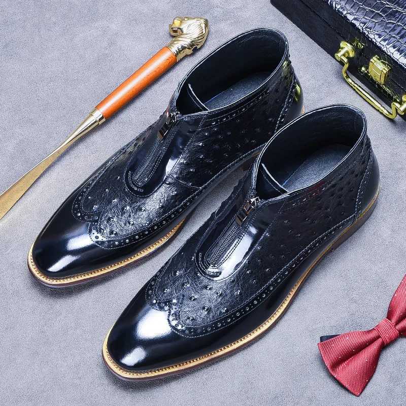 Handmade Ostrich Pattern Brown Men Ankle Boots Genuine Leather Retro Zipper Short Boots High Quality Autumn Winter Men Shoes W250811