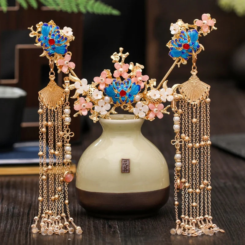 Chinese Long Hair Stick tiara Headpiece Women Accessories Flower Crystal Pearl Pins Handmade Hanfu Jewelry Set 250804