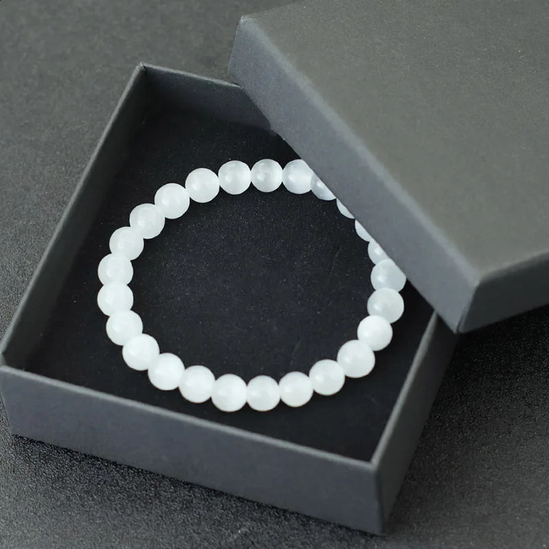 Noter 100% Natural White Cat Eyes Stone Bracelet Women 4/6/8/10/12mm Smooth Beaded Braslet Gifts For Lovers Moonstone Braclet 250805