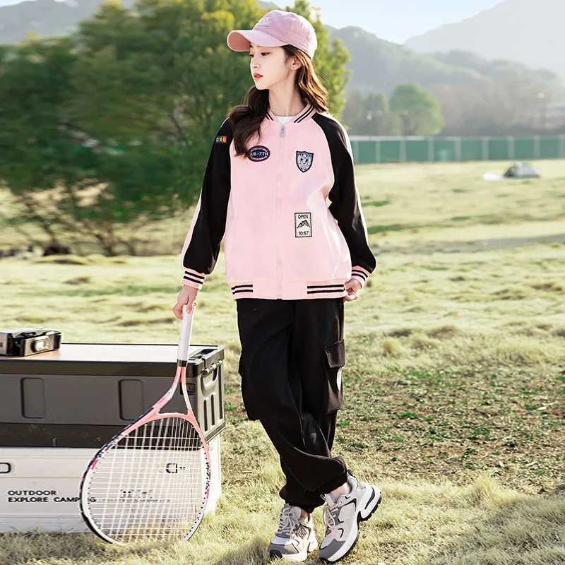 Spring and Autumn Leisure Childrens Sets Girls Solid Color Patchwork Sports Casual Zipper Jacket Cargo Pants Two Piece Set Z250811