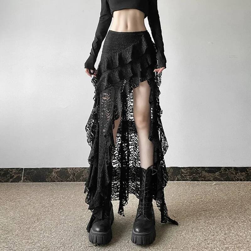 2025 Summer New Women's Sexy High Waist Lace Ruffle Skirt Women's Spring fashion Irregular Y K Skirt Women's Fashion Black Patch Party 