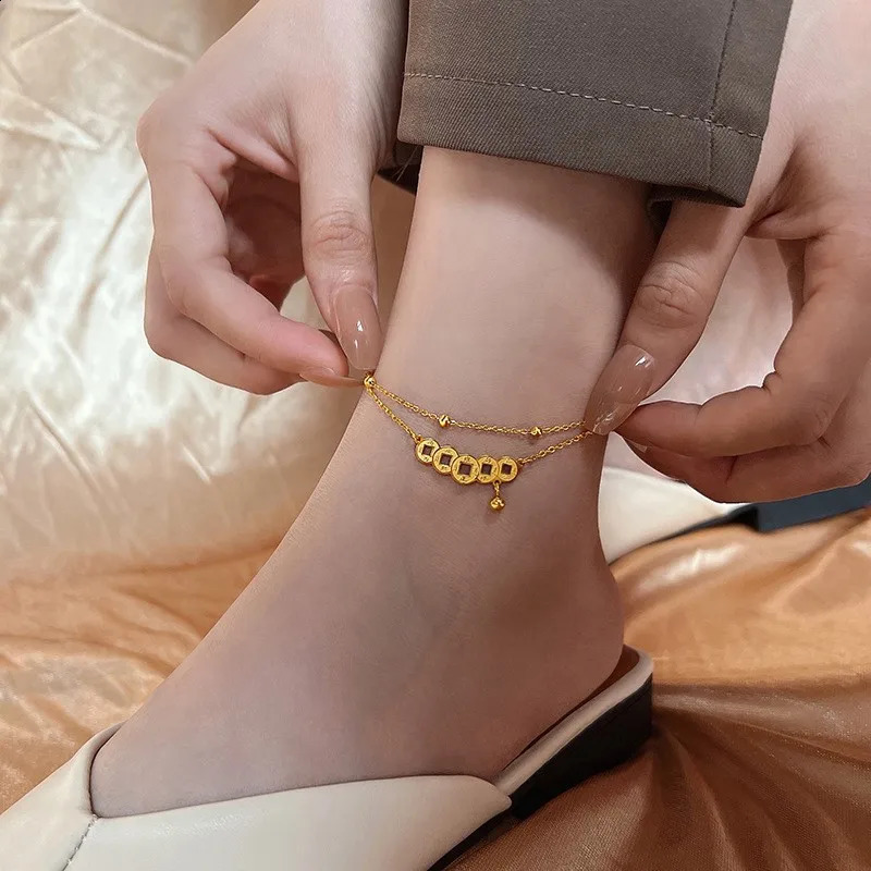 Stainless steel Coin Bell Pendant Gold colour Anklet For Woman Fashion Ankle Jewelry Girls Sexy Swimsuit Party Anklet 250807