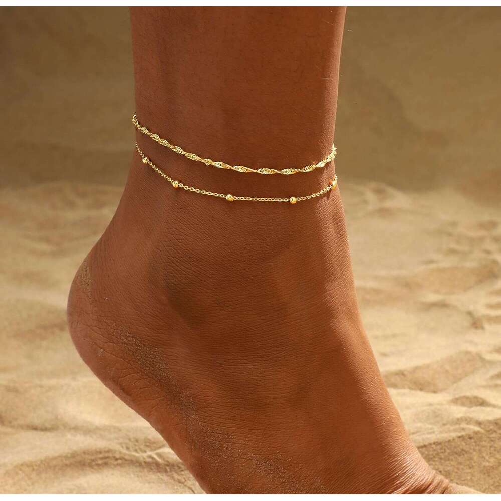 2/3 PCS Anklets for Women Waterproof Cuban Link Anklet Beaded Stackable Bracelets 14K Gold Plated Custom Jewelry Gifts Non Tarnish Lightweight