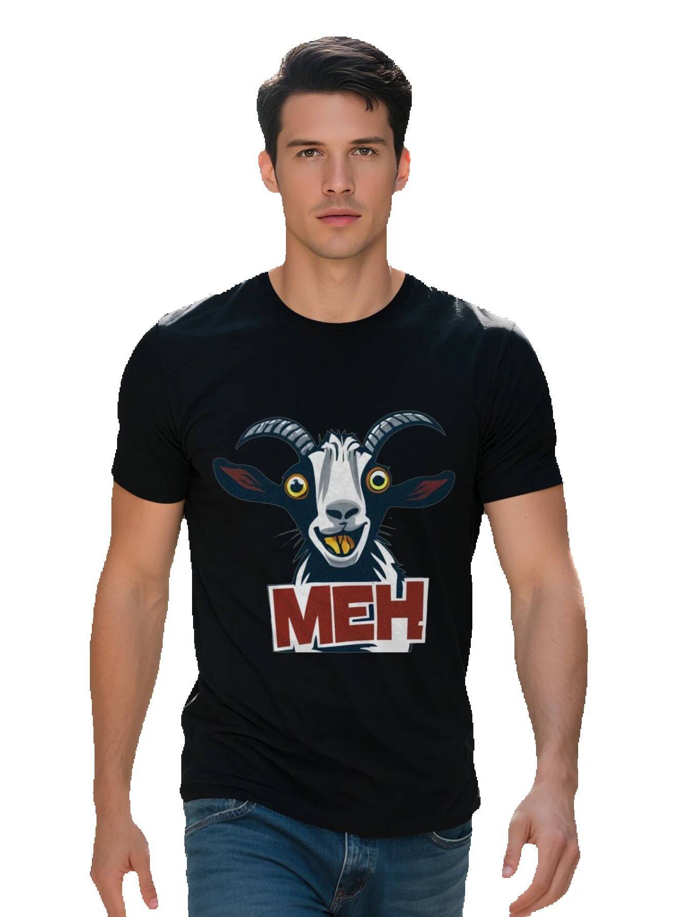 Meh Cartoon Goat Graphic Tee Men Casual Polyester Round Neck T Shirt Washable Perfect for All Seasons Leisure 6c444