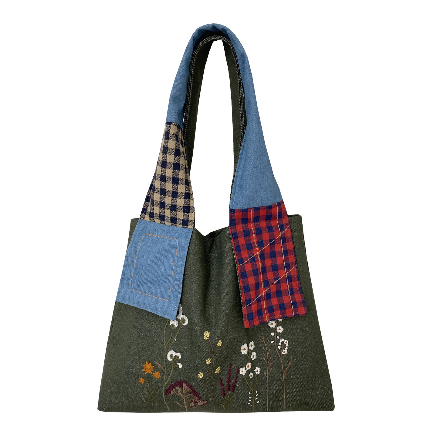 Autumn New Retro Dried Flower Embroidered Denim Bag Niche Large Capacity Shoulder Bag Splicing Design Women's Shoulder Bag Commuting Bag Autumn N