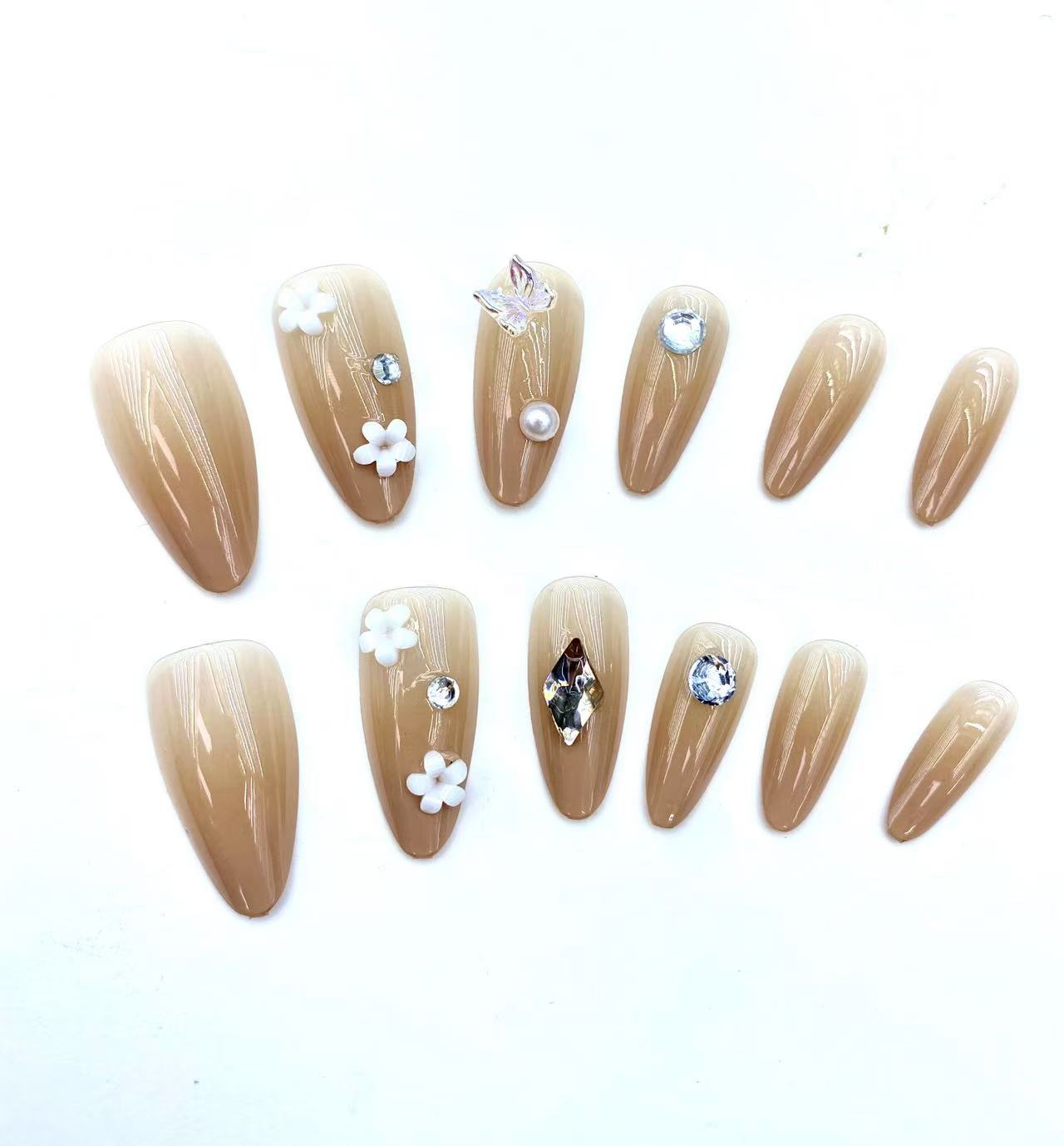Handmade Fake nails Nude Brown Ombre Almond press on nails with Flower Butterfly Rhinestone Pearl Design Full Cover DIY Tips