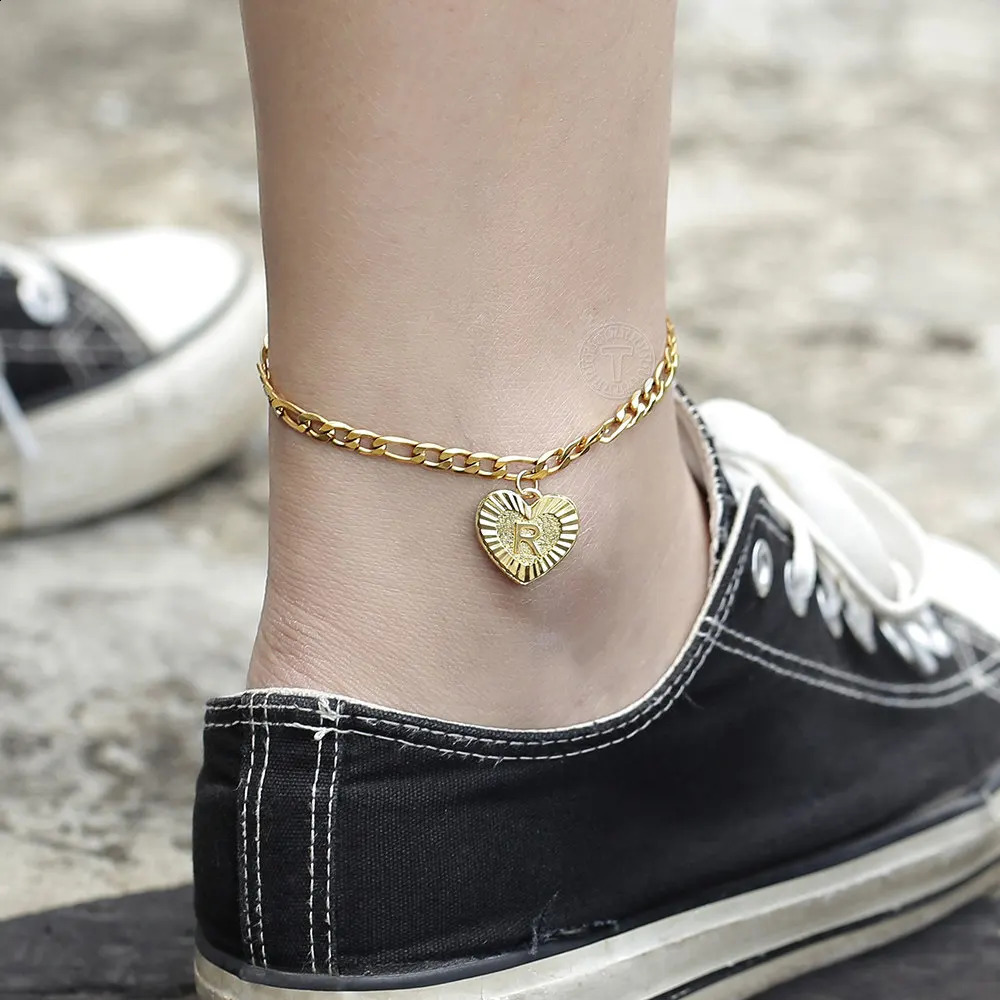 5mm Heart Shaped Initial A Z Letter Charm Anklet for Women Girls Gold Plated Stainless Steel Figaro Link Chain Jewelry 250807