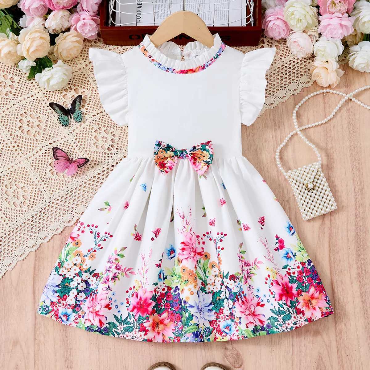 New Kids Girl Dress Summer Floral With Bow Fashion White Vestidos Short Sleeve Children Clothing Outfits Casual Daily Dresses W250811