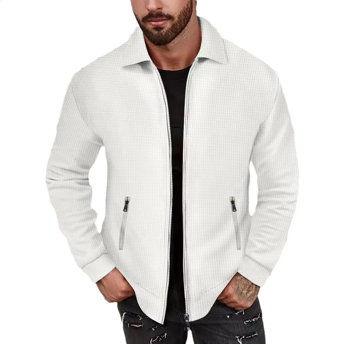 European and American cross-border waffle long-sleeved zipper jacket casual mens autumn coat 250809