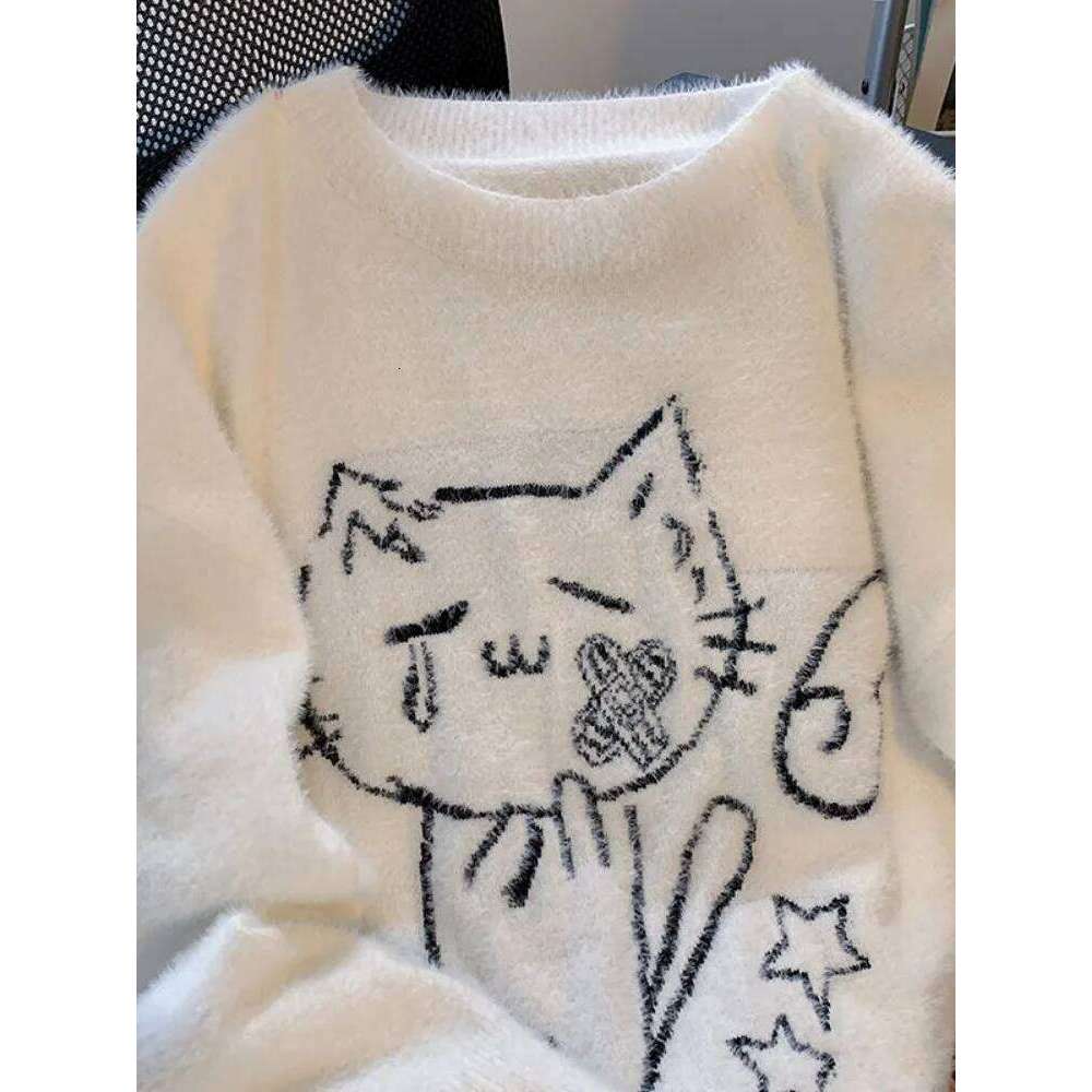 Vintage Preppy Kawaii Cartoon Jacquard Pullovers Sweet Haruku Loose Grunge Jumpers Y2k Aesthetic Women White Knitted Sweaters