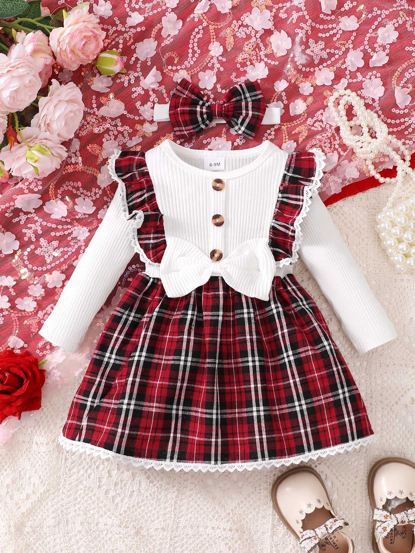 Baby Girls New Fashionable Plaid Patchwork Groove Lace Design Bow Dress and Headband W250811