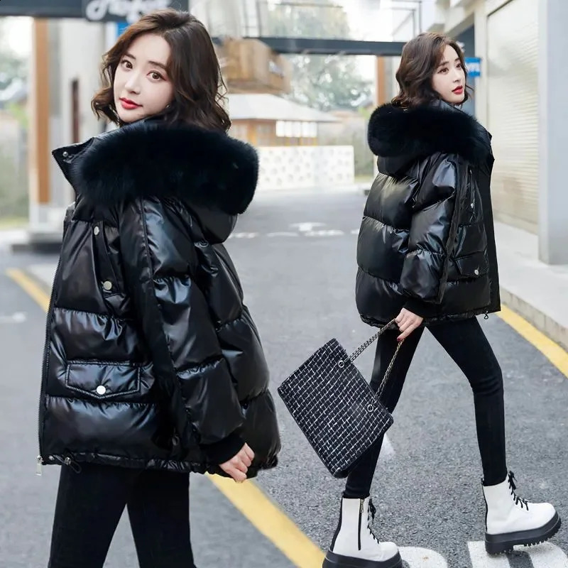 Winter Fashion Warm Duck Down Jacket Womens Clothes Glossy Fur collar Thicken Parka Short Down Coat Female Trend 250806
