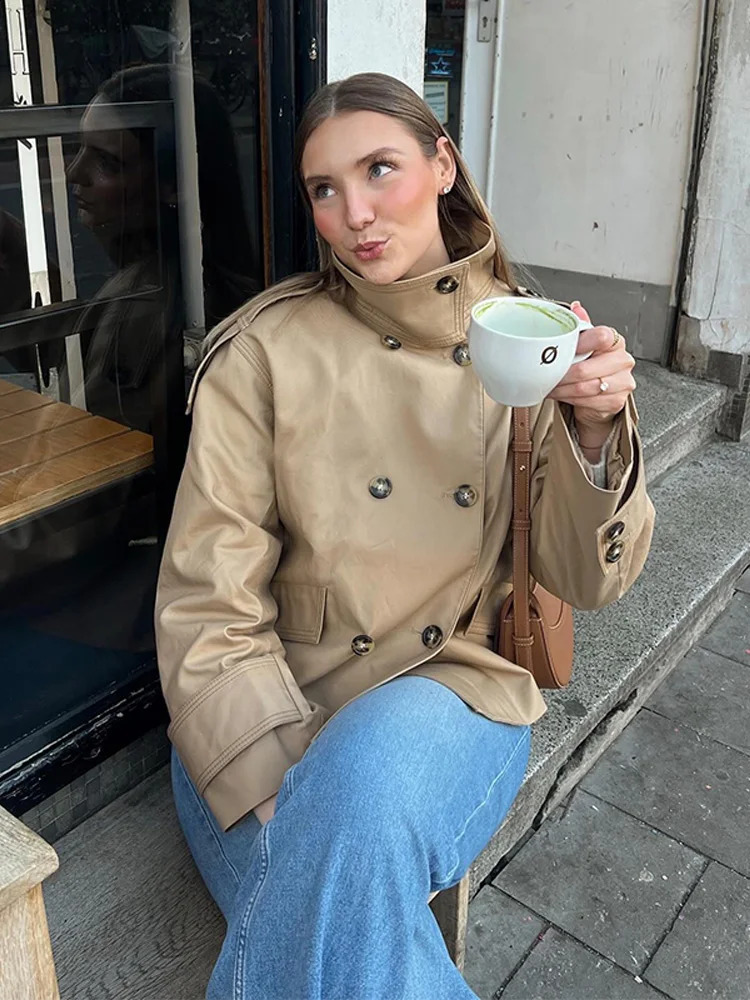 Elegant Stand Collar Short Trench Women Vintage Khaki Double Breasted Pockets Jackets Coat Lady 2025 Chic Street Office Outwear 250811