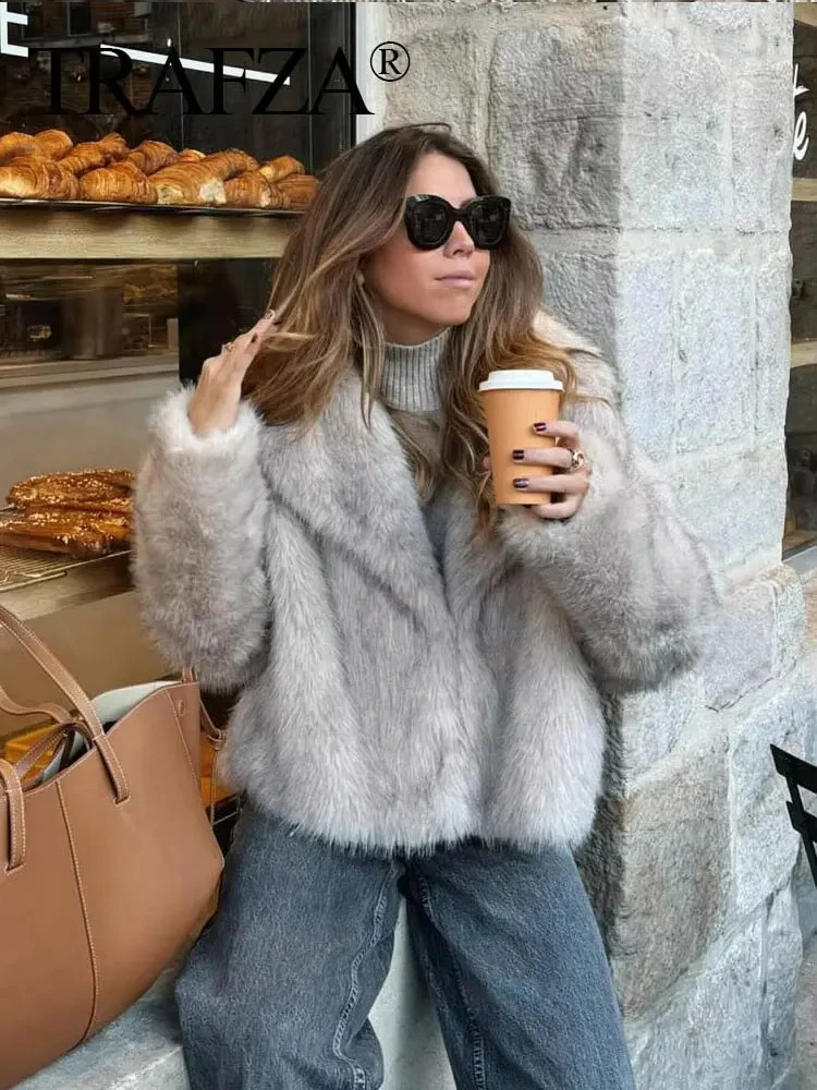 TRAFZA Winter Women Casual Faux Fur Lapel Jackets Fashion Solid Oversized Thick Coats Female Fuzzy Warm Long Sleeves Outerwear 250806