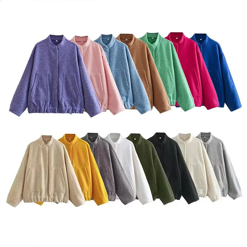 BKLD Casual Fashion Style Womens Pink Fleece Thick Warm Jackets Simple Elegant Stand Collar Long Sleeve Pockets Loose Fit Coats 250805