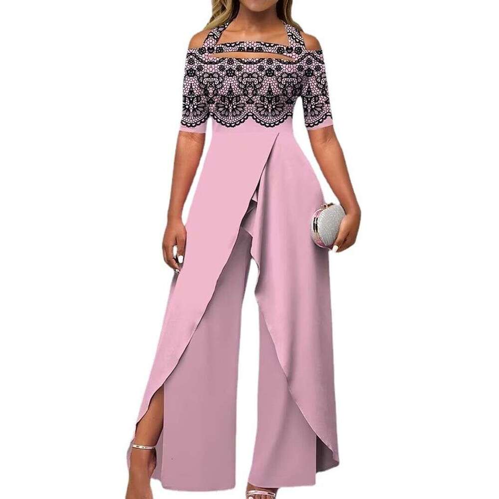 Women's Clothing Fashion Sexy Off-Shoulder Printed Casual Wide-Leg Jumpsuit