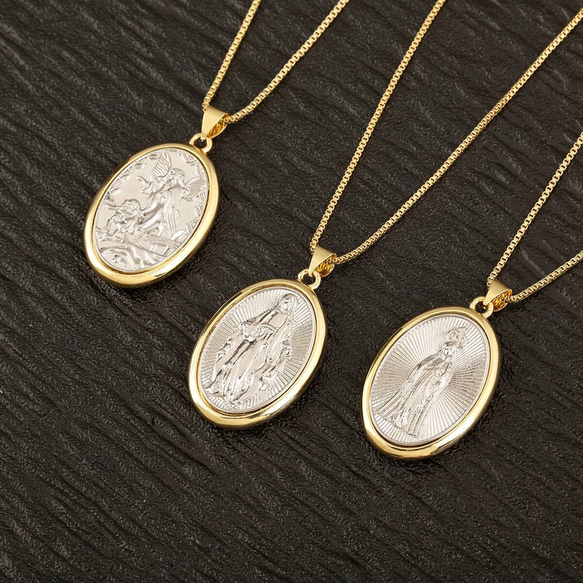 Nidin New Arrival Retro Oval Virgin Mary Pendant Necklace For Women Female 3 Styles Religious Style Choker Copper Neck Jewelry