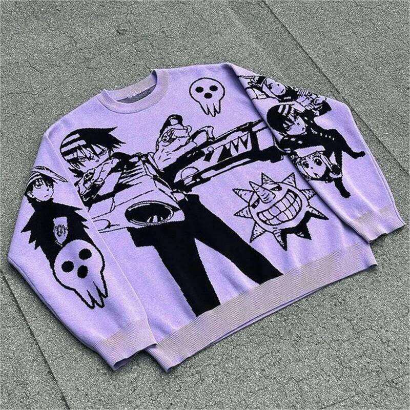 Haruku fashion men's women's couple fall and winter sweater Y2K retro 90s gothic fitted round neck tops clothing 2023 new