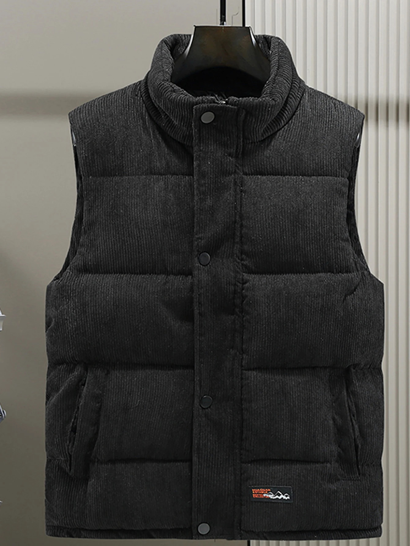Mens autumn and winter stand up collar vest corduroy fabric with pockets fashionable warm slim fit version 250809