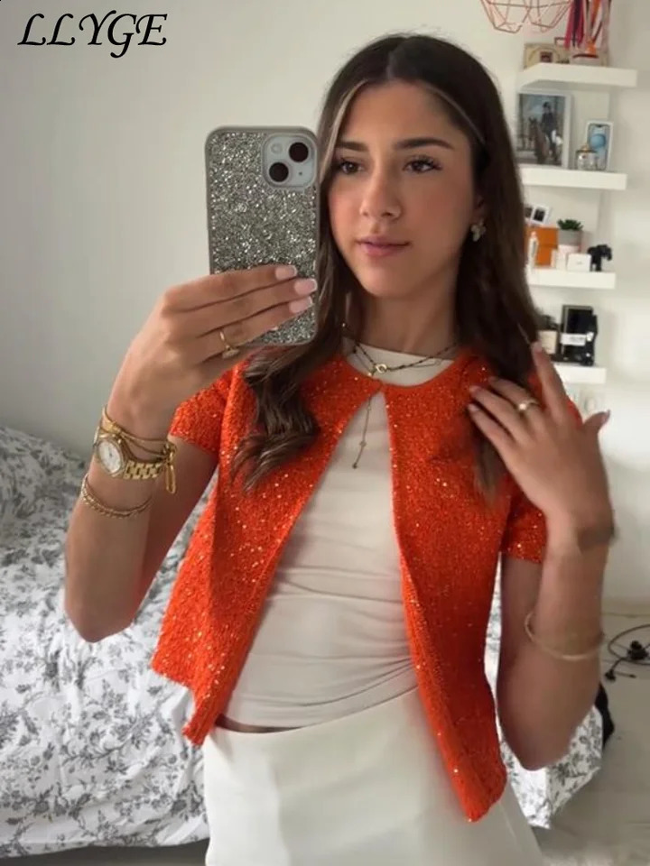 Street Womens Knit Sequined Vest Y2k O-neck One Button Short Sleeve Female Tops 2025 Summer Lady Sexy Chic Knitwear In 250811