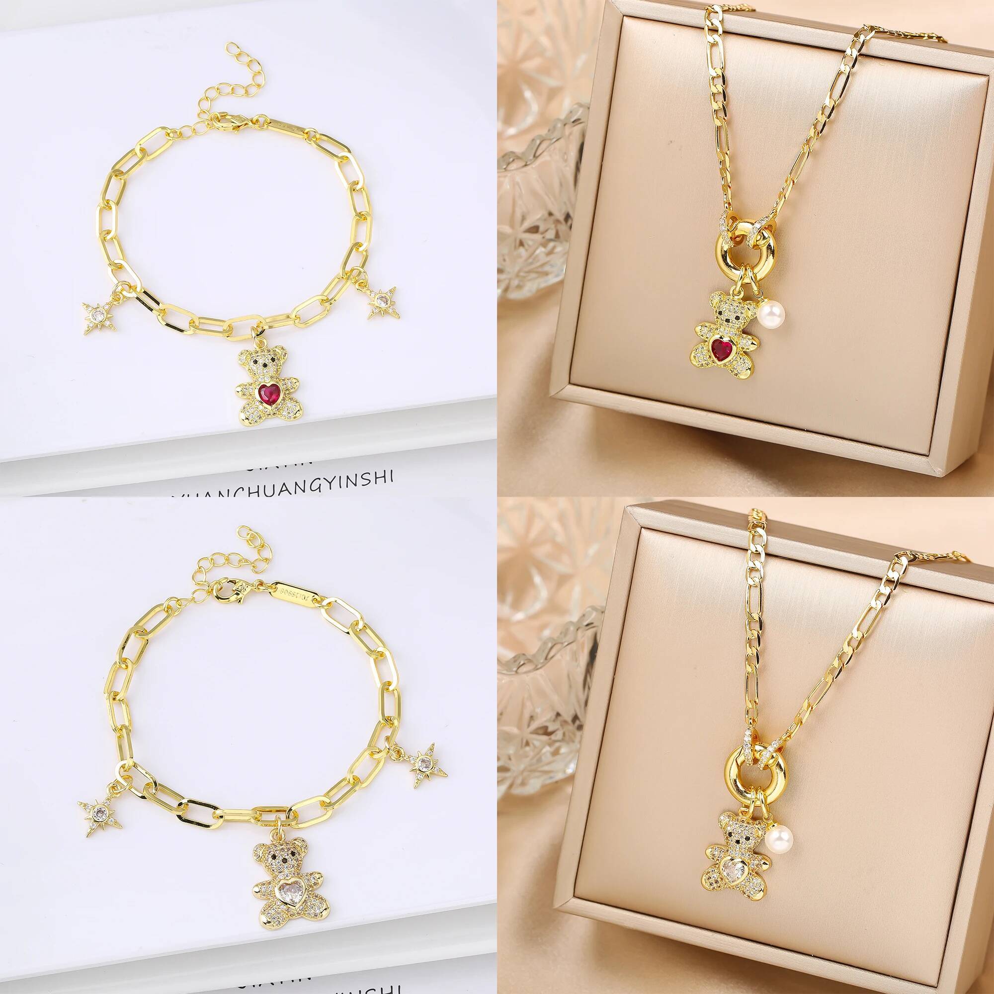 Hot Sale 2PCS Animal Bear Zirconia Bracelet Necklace Set for Women Female Daily Party Crystal Jewelry Girl Gift