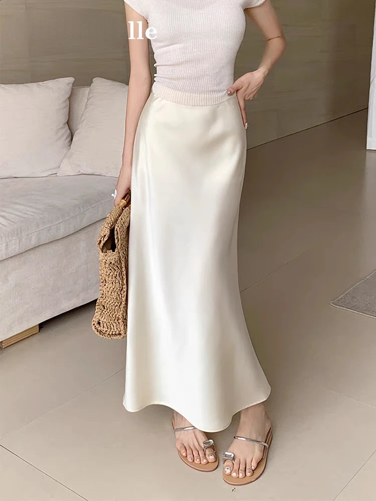 Womens Long Skirt Summer Silk High Waisted Satin Skirt Slim Fashion Korean Solid Champagne Black Midi Skirts for Women 250809