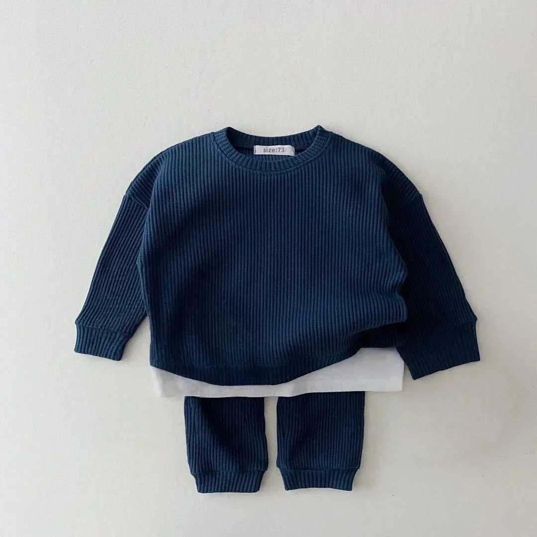 Autumn Casual Loose 2-Piece Baby Ribbed Knit Round Neck Sweatshirt Pants Set Faux Layered Outfit for 0-3T Boys Girls Z250811