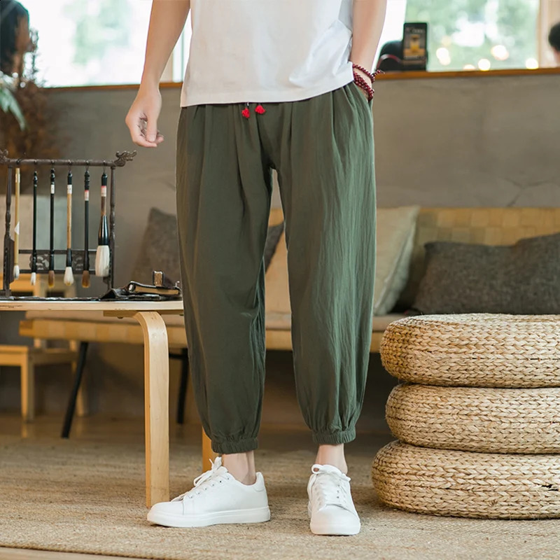 2024 M5XL Spring and Autumn Mens Cotton Hemp Pants Loose Drawstring Lantern Haren Japanese Casual 250729