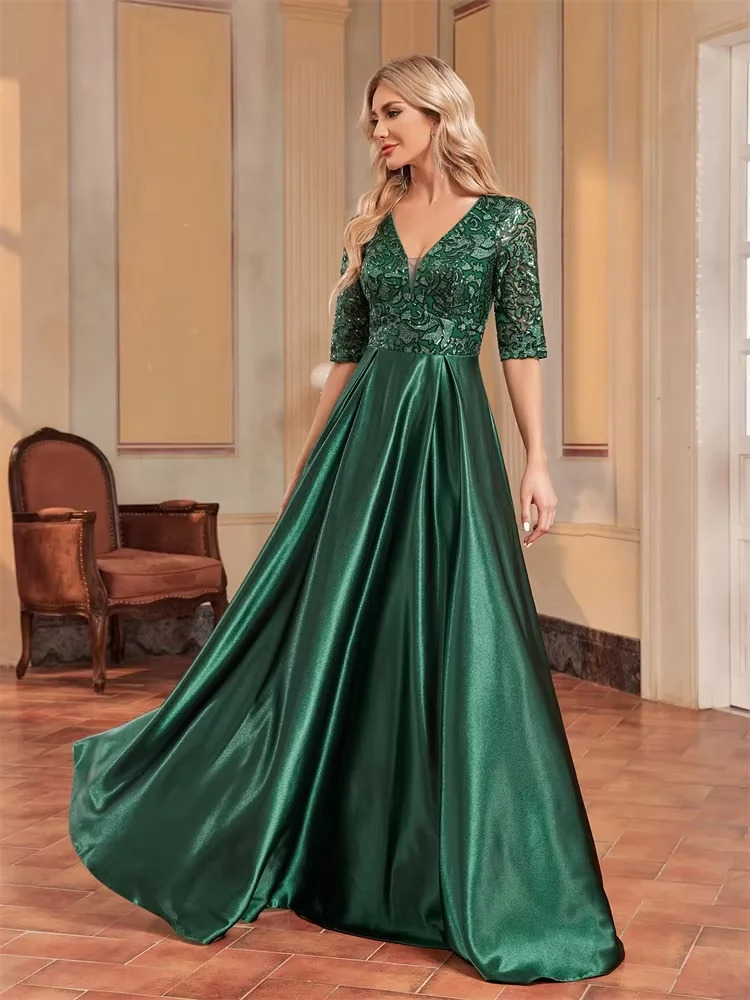 y Short Sleeve Green Satin VNeck Evening Dress Women Sequin elegant Party Prom Floor Lenght Cocktail Graduation Gowns 250811