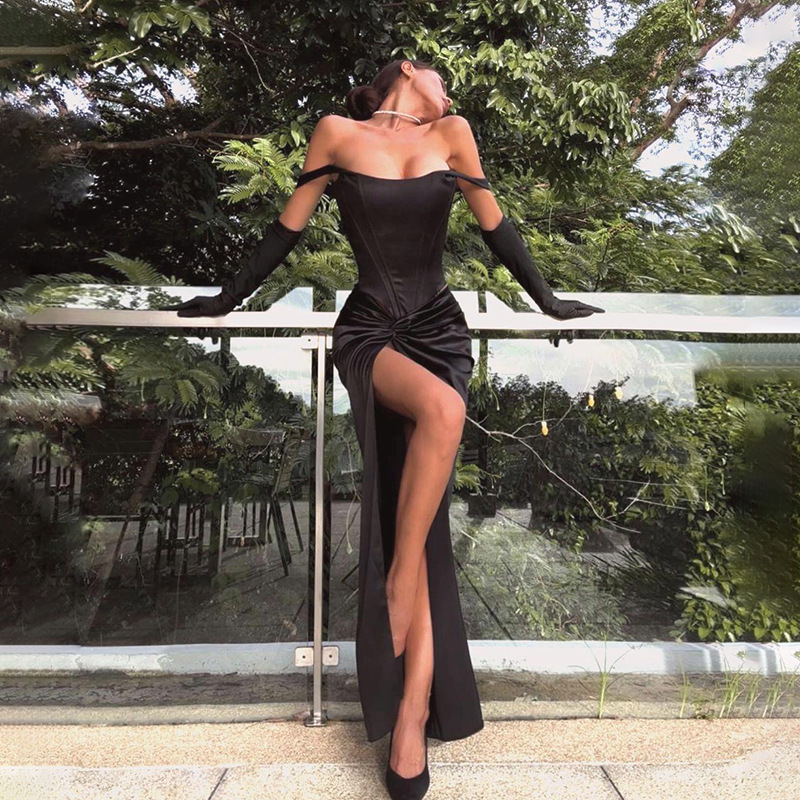 2025 Summer New Women's Sexy Fashion trend Bareback Twisted Split Satin Long Dress New Designer