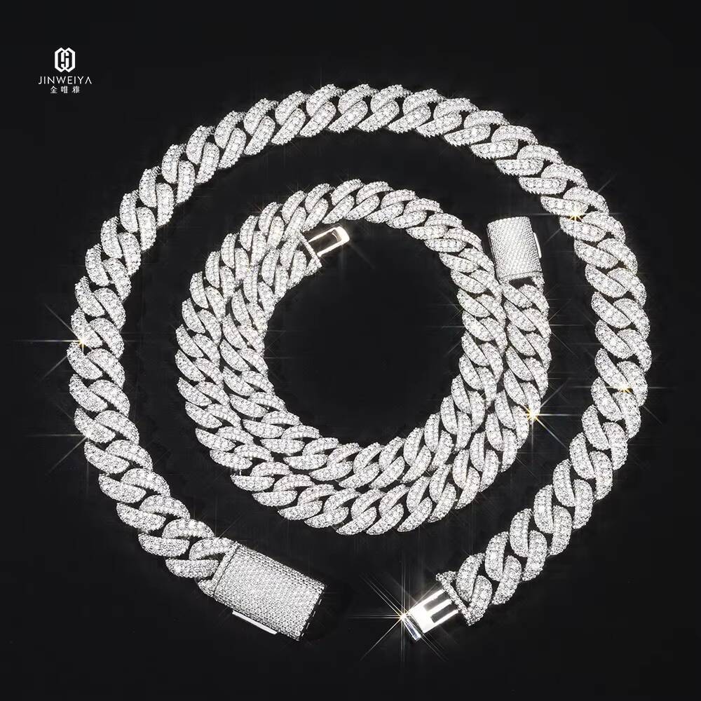 Best Price 14mm-18mm Two Rows Moon Shape Ice Out Cuban Chain S925 Silver VVS Moissanite Chain Men Rapper Hip-hop Necklace
