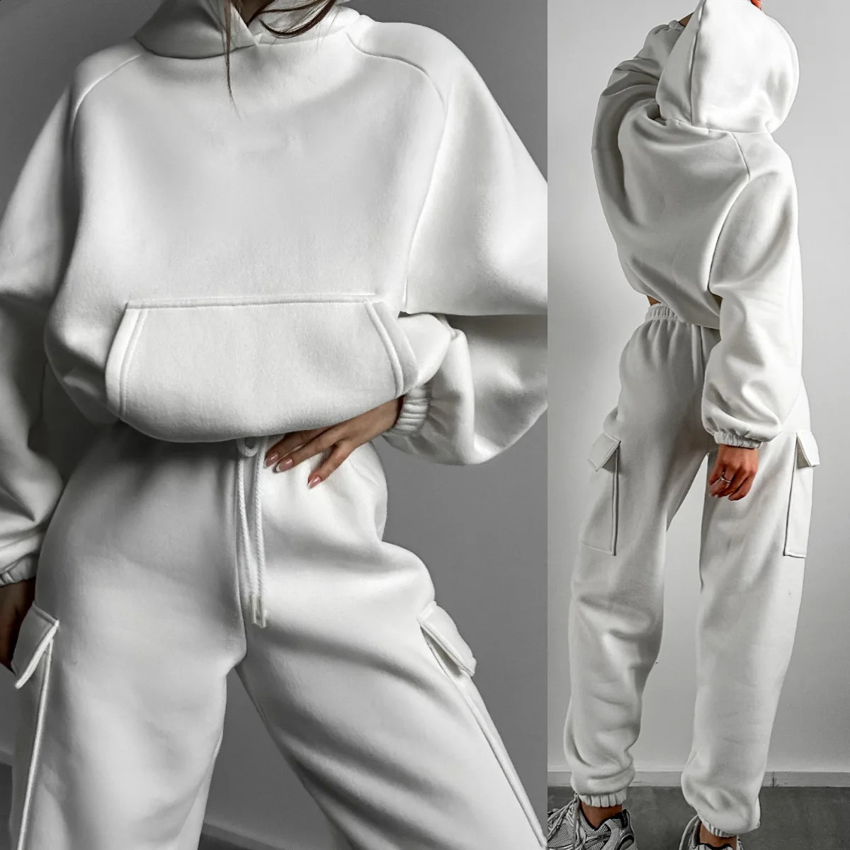Hoodies Suit Winter Autumn Solid Casual Tracksuit Women Fleece 2 Pieces Set Sports Sweatshirts Pullover Jogger Sweatpants Outfit 250805