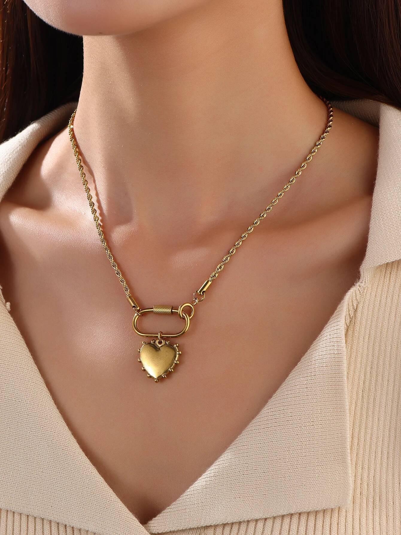 316 Stainless Steel Key Lock Fatima Charm Carabiner Clasp For Women Men Clover Moon Heart Pendant Necklace Jewelry Gift Jewelry for Women