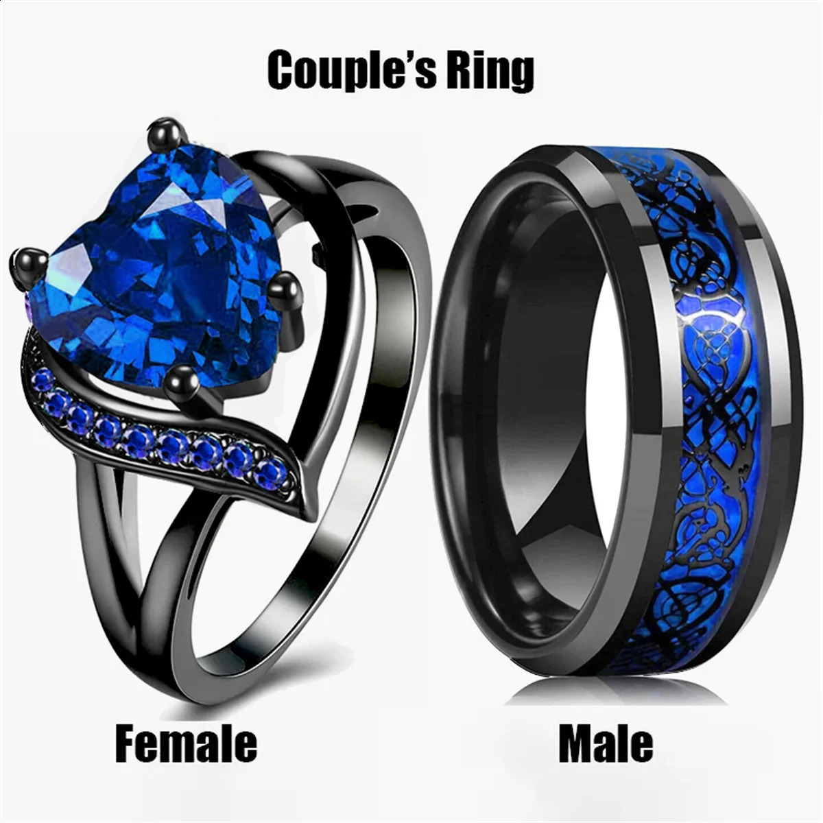 Fashion Couple Rings Romantic Women Heart Blue Rhinestones Zircon Ring Men Stainless Steel Celtic Dragon Ring Wedding Jewelry 250805