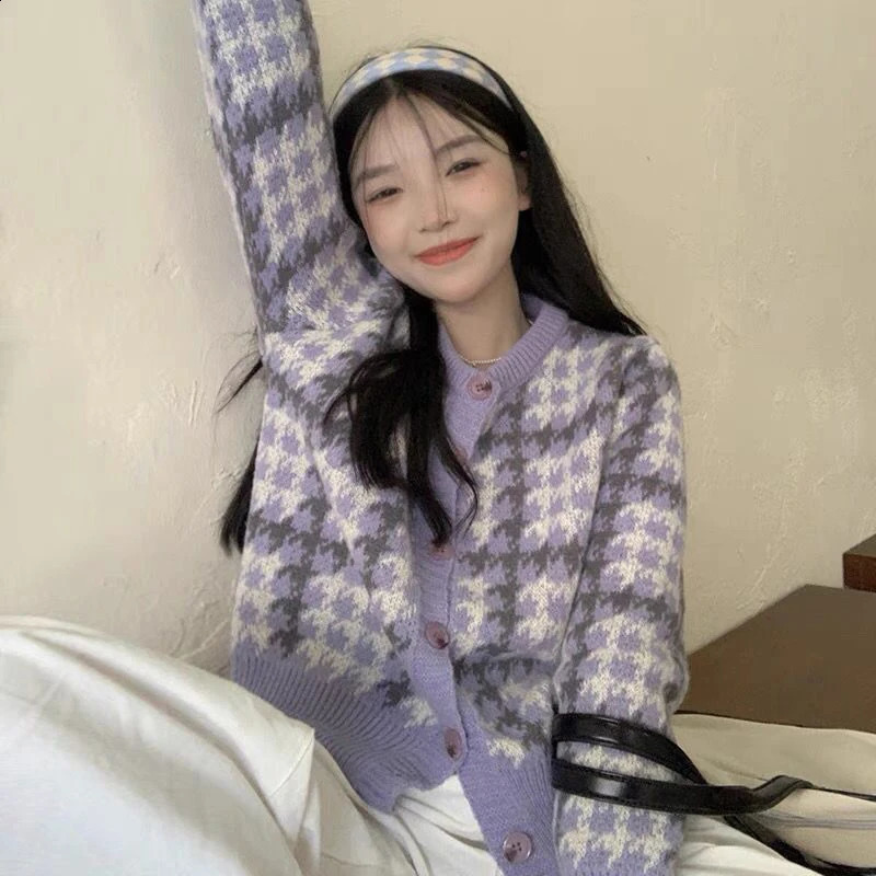 Y2k Pink Women Cardigan Korean Sweet Plaid Long Sleeve Female Sweaters Harajuku O Neck Preppy Style Ladies Tops 250811