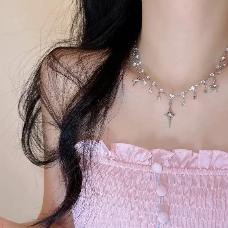 Fashion Chic Cross Crystal Zircon Pendant Tassel Necklace for Women Girls Clavicle Chain Accessories Aesthetic y2k Jewelry Jewelry for Women