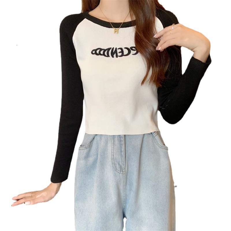 New Spring and Autumn Hot Girl Short Top Color-Block Round Neck Versatile Ribbed Base Shirt Inner Embroidered Long Sleeve T-Shirt for Women