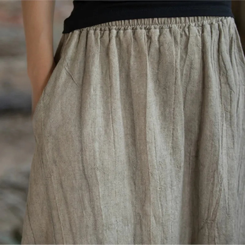 Johnature Women Ramie Tie-dye Skirts Elastic Waist Pockets Vintage Autumn Clothes 2025 Women A-Line Skirts 250811