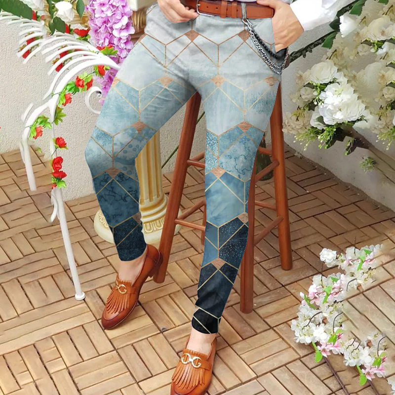 Men's long pants spring and autumn mid-waist straight-leg pants 3D printed slim-fit pants men's casual pants European size :S-3XL