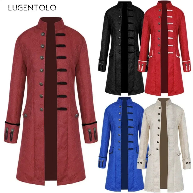 Men Medieval Trench Retro Coat Singlebreasted Uniform Gothic Stand Collar Renaissance Jacquard Outwear Halloween Costume 250804