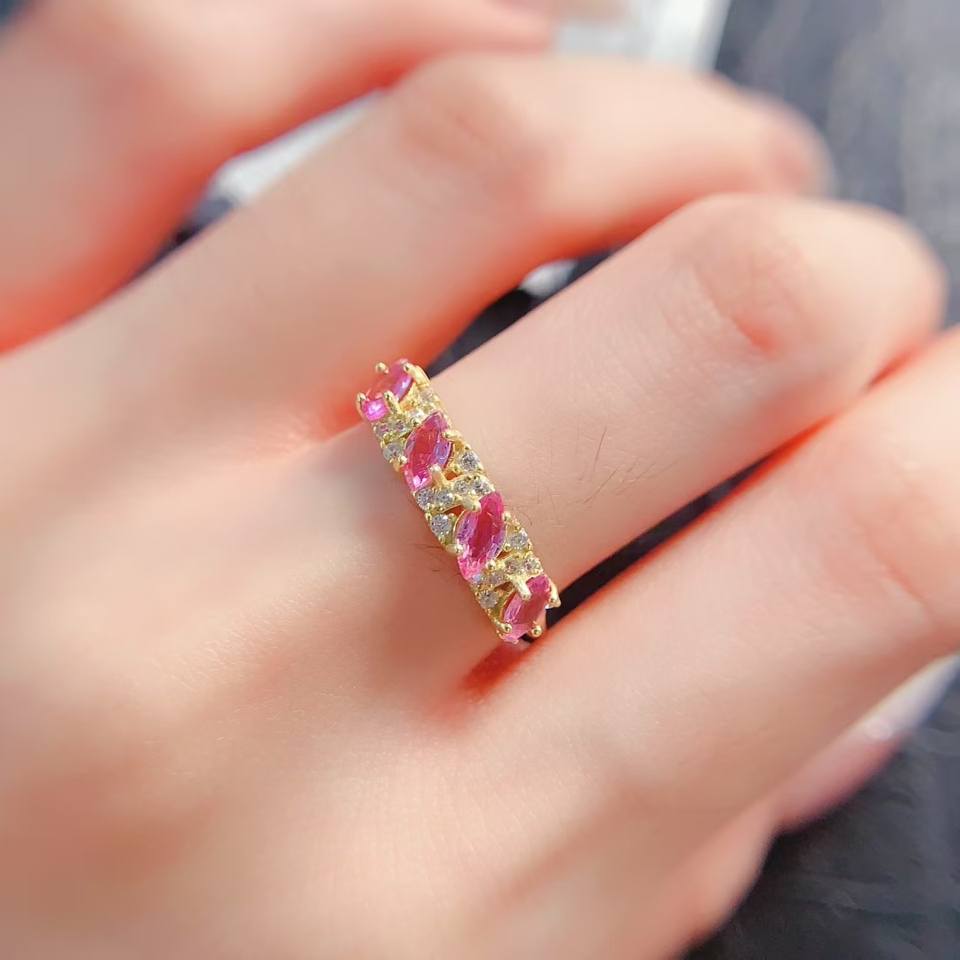 Genuine Pink Sapphire Ring 2.5mm*5mm Natural Sapphire Silver jewelry 18K gold plated silver sapphire ring August Birthstone ring for Girl